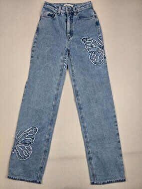 PacSun 90s Boyfriend 24 High-Waisted Blue Denim Y2K Jeans Butterfly Embroidery